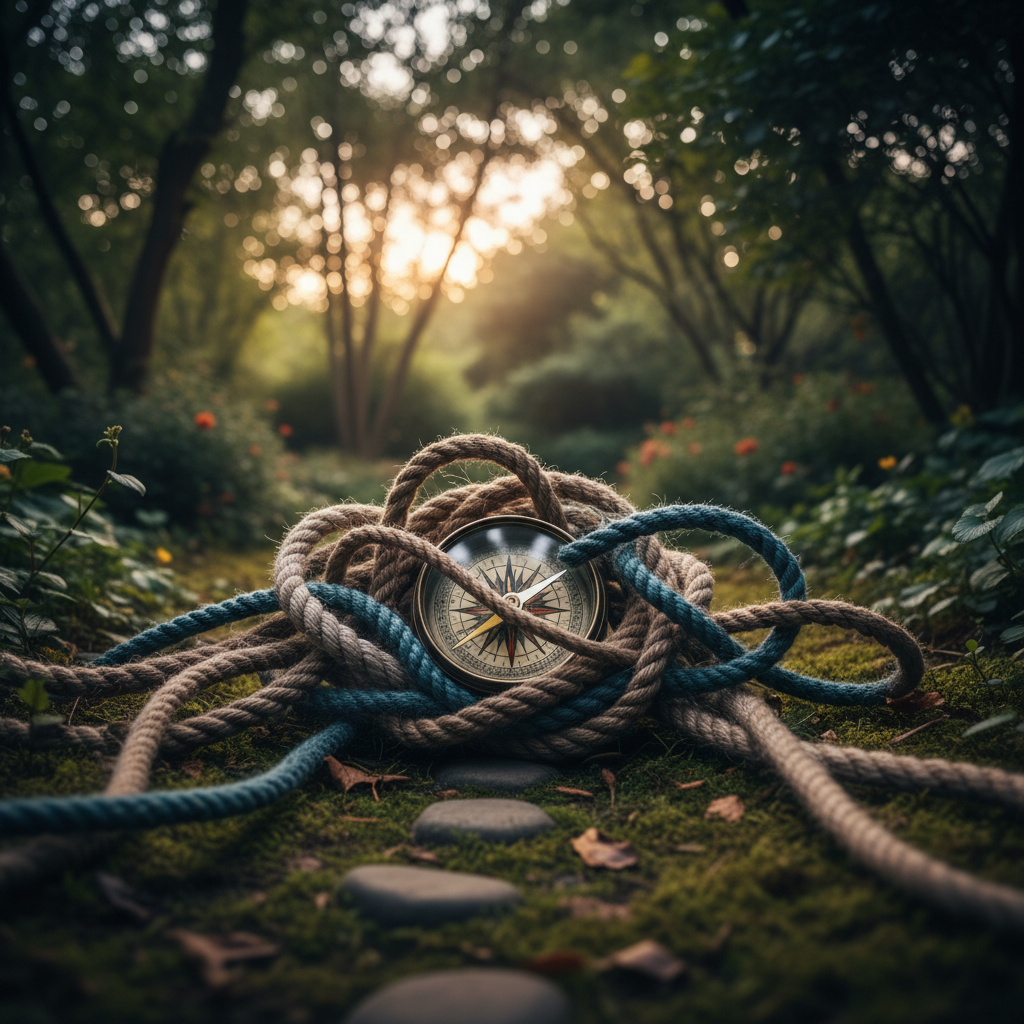 Compass tangled in brown and blue ropes on mossy ground, with blurred forest background and sunlit trees.