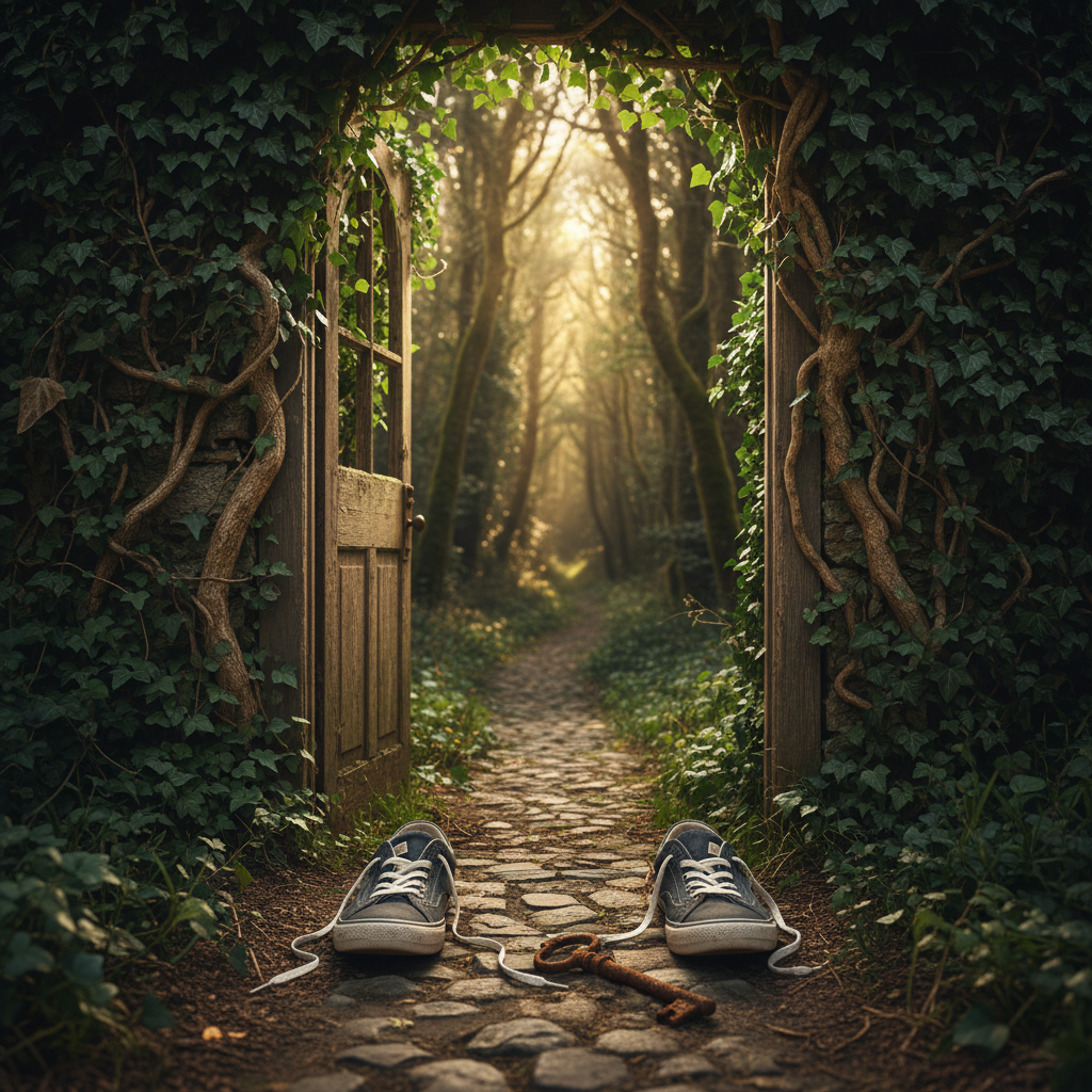 Sneakers and a rusty key lie on a cobblestone path through an open ivy-covered gate into a sunny forest.