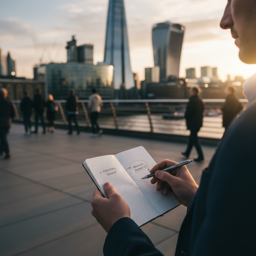 Person writing "Stressful Thought" and "Balanced Perspective" in notebook on London bridge.