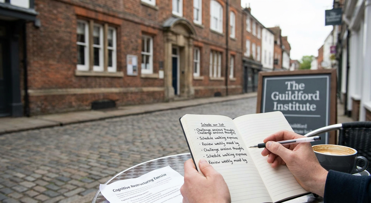 Hands writing therapy notes in a notebook at an outdoor café in Guildford.