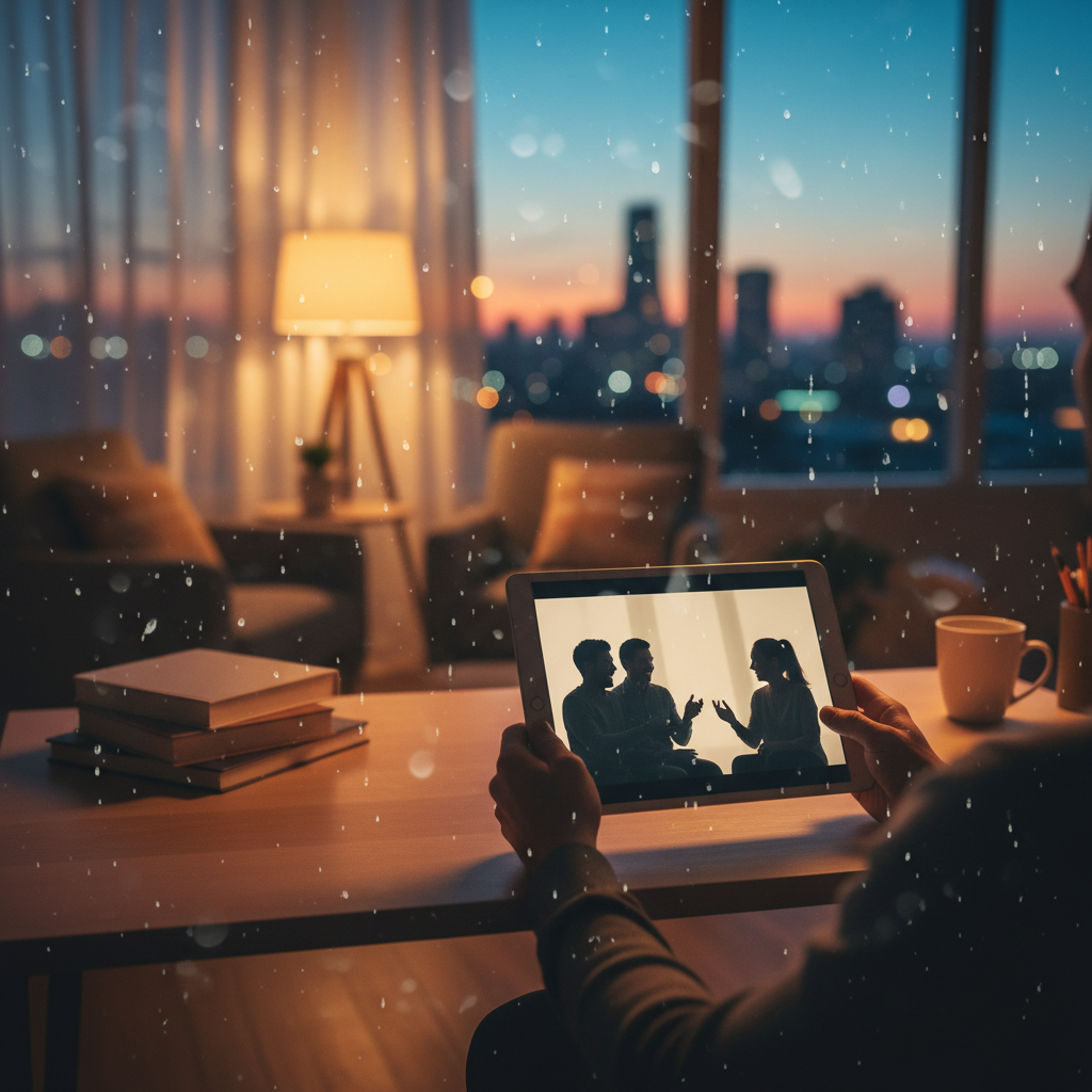 Person watching a video call on a tablet, cityscape and rain visible through window.