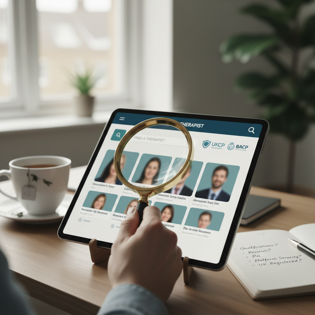 Hand searches for a therapist on a tablet using a magnifying glass on a desk.