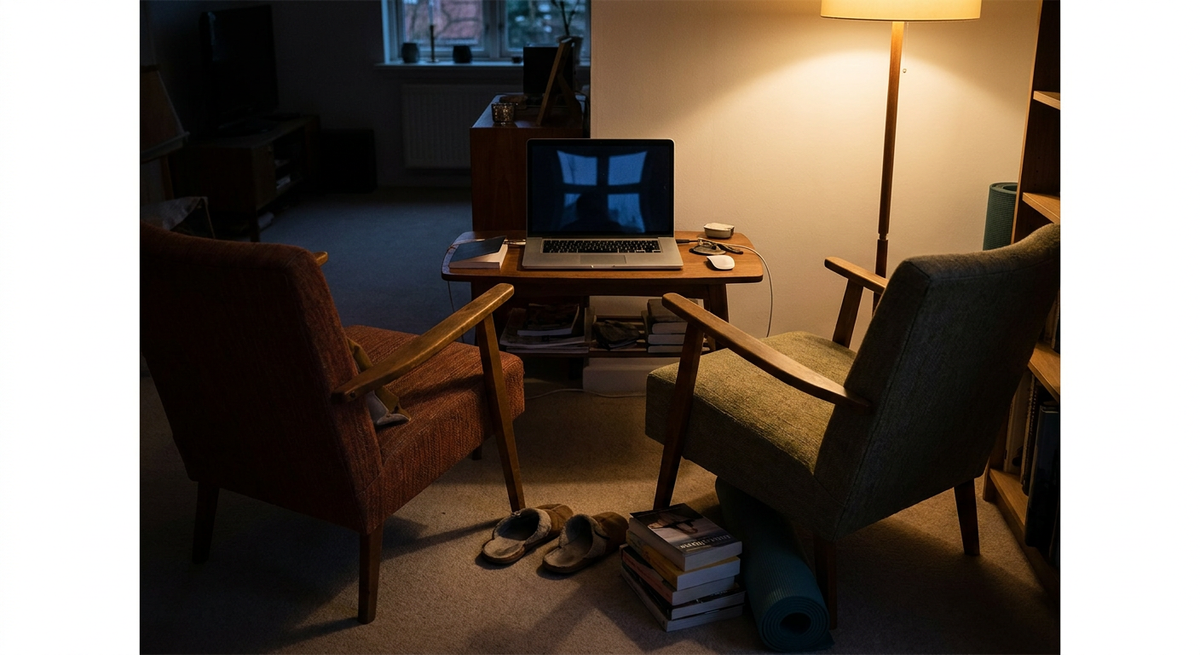 Laptop on a wooden coffee table placed between two armchairs under a floor lamp.
