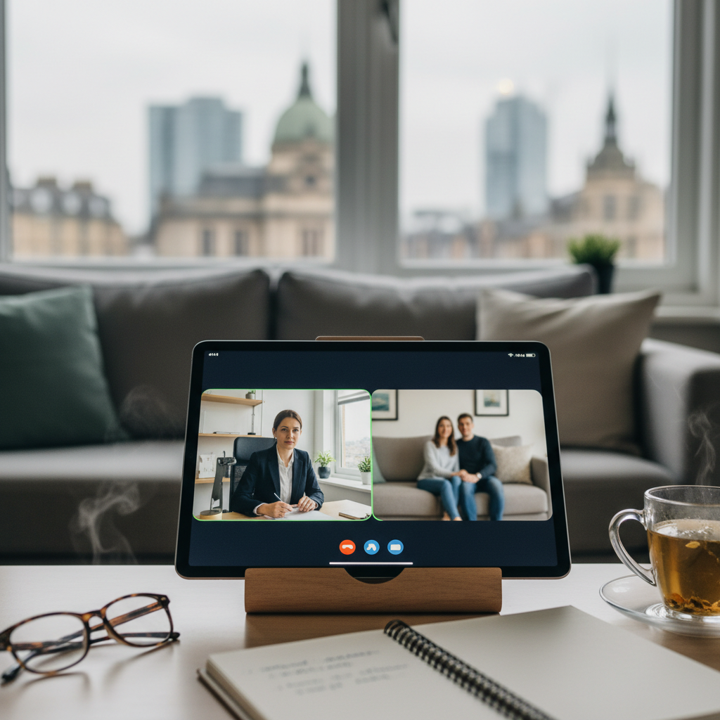 Tablet displaying a video call with a woman and a couple, in a living room.