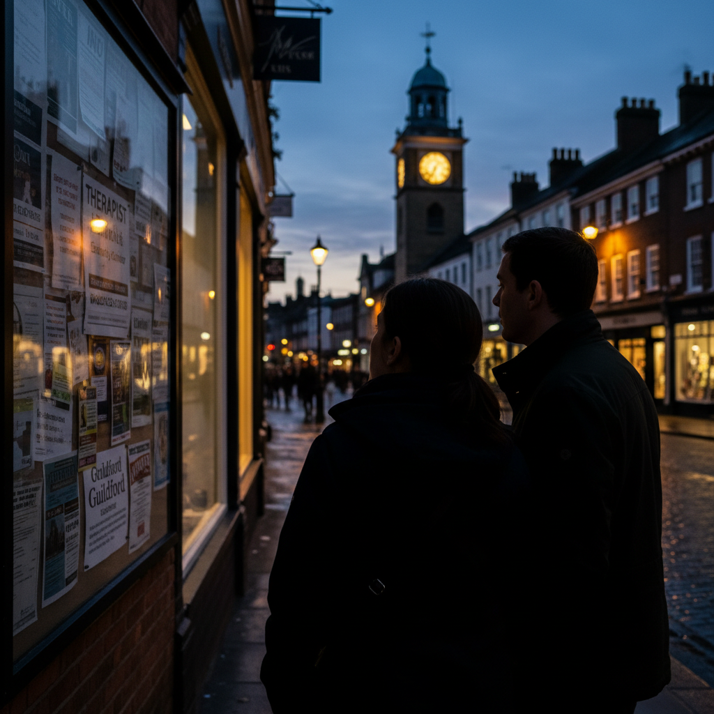 Two people look at shop window posters at dusk, with a distant clock tower.