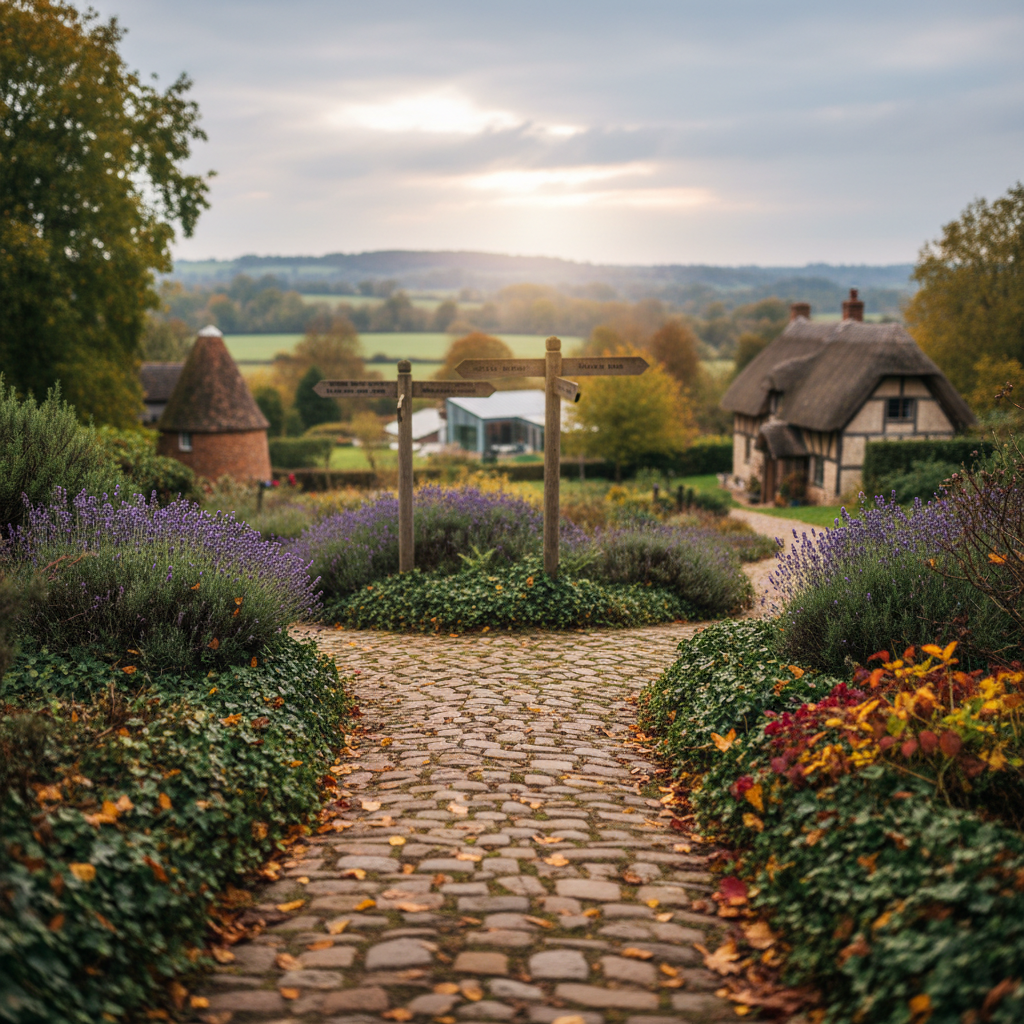 Cobbled garden path leading to rustic signposts, oast house, and thatched cottage under a cloudy sky.