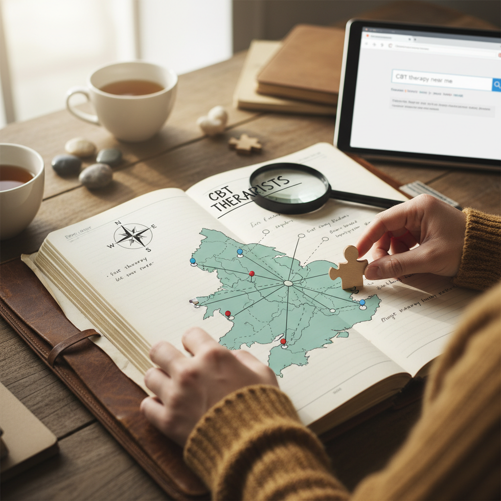 Hands hold a wooden jigsaw piece over a map of CBT therapists in a notebook.