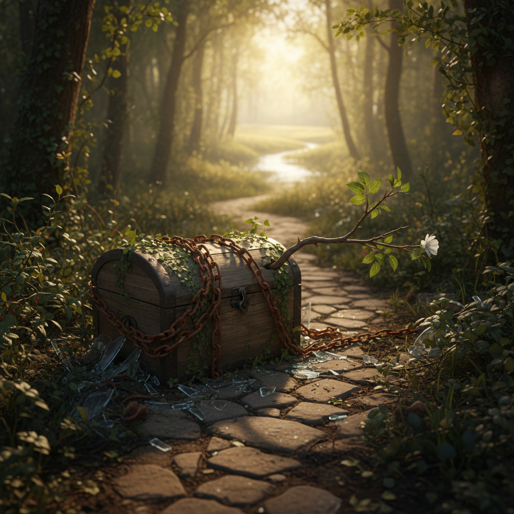 Wooden treasure chest with ivy and rusty chains on a forest path with a white flower.
