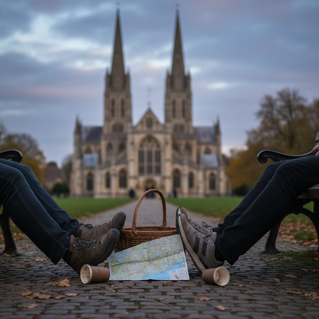 Two people’s feet on benches, a picnic basket, map, and cathedral in background.