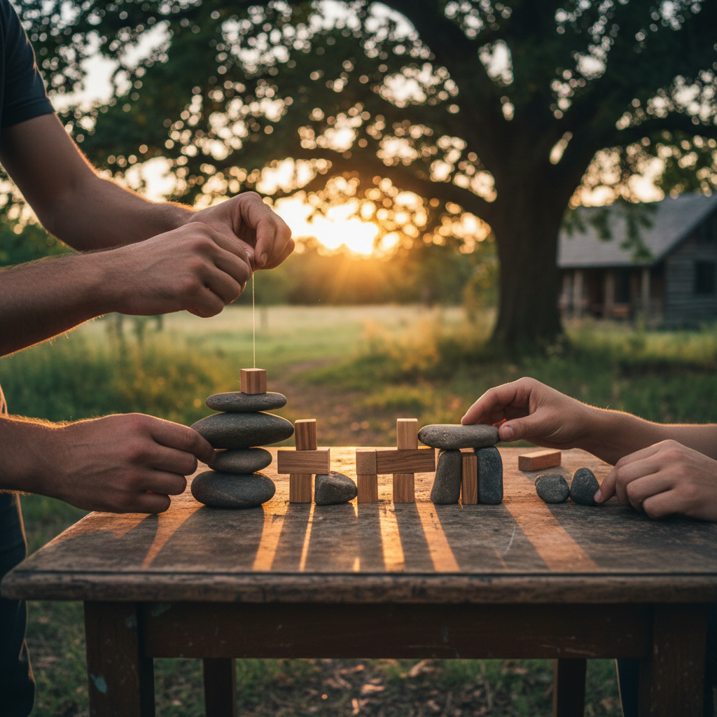 Two sets of hands building with rocks and wooden blocks on a table at sunset.