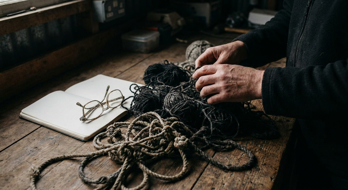 Hands sorting tangled wool fibres on a rustic wooden table beside an open notebook.