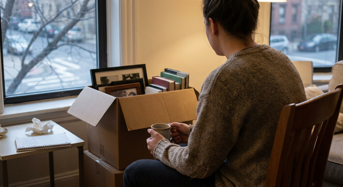 A woman holding a mug sits beside a cardboard box packed with framed photographs.