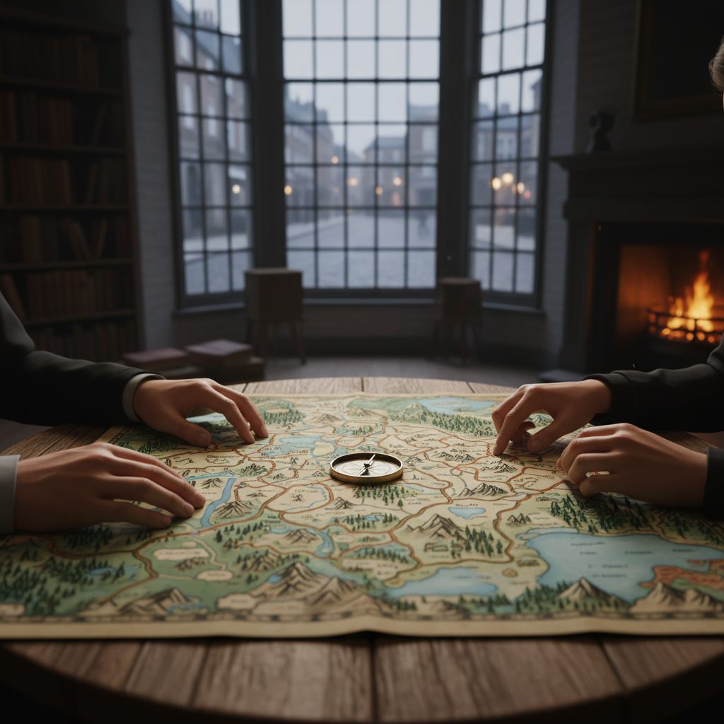 Two people's hands pointing at an old map with a compass, in a cosy room.