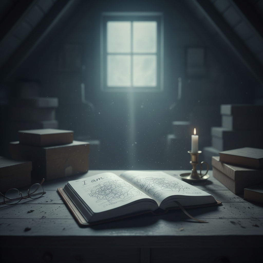 An open journal with scribbled pages, spectacles, and a lit candle on a dusty table.