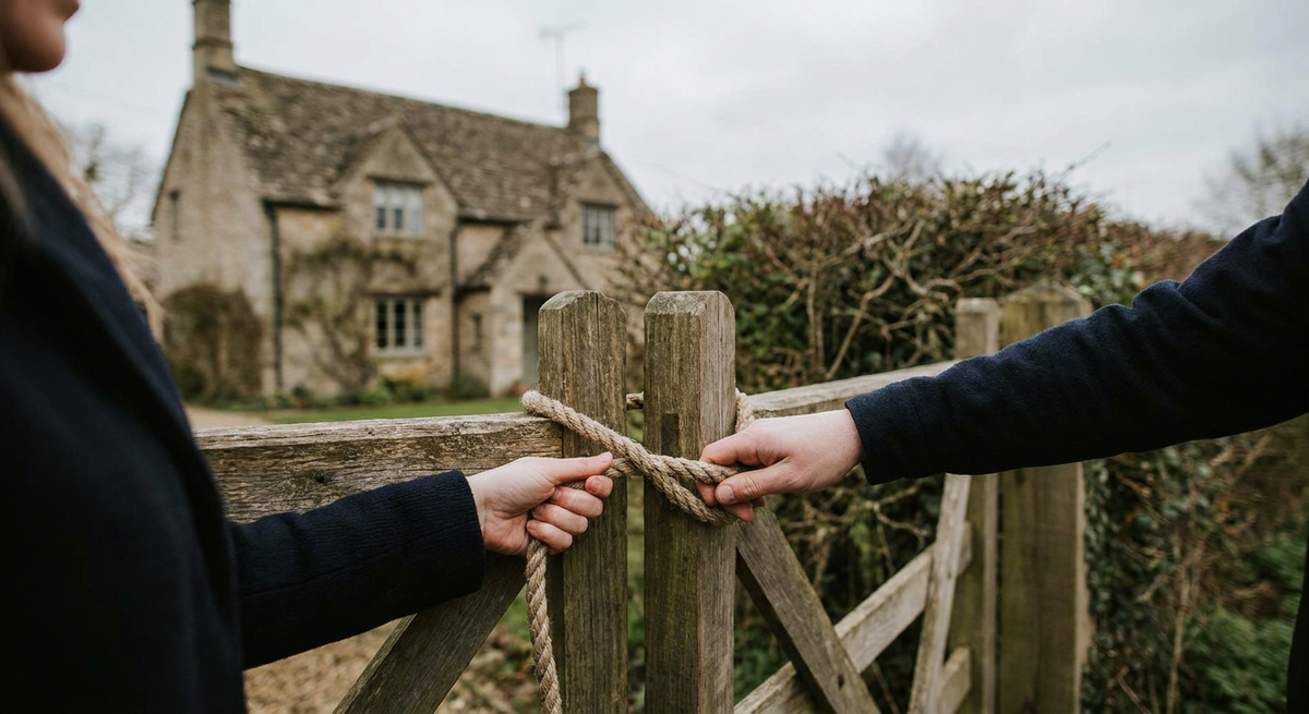 Hands opening a rustic wooden gate tied with rope outside a traditional stone cottage.