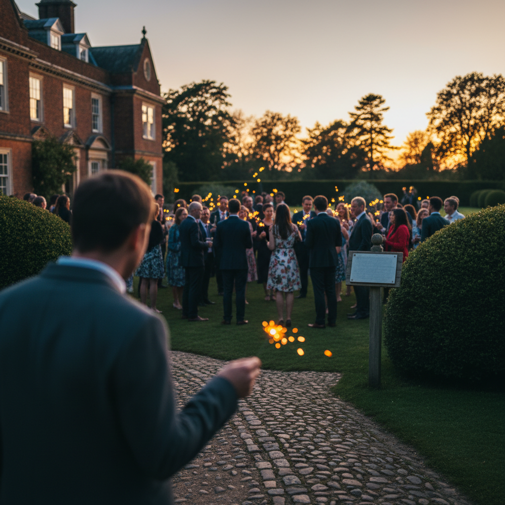 Guests hold sparklers on a lawn at dusk outside a stately home.