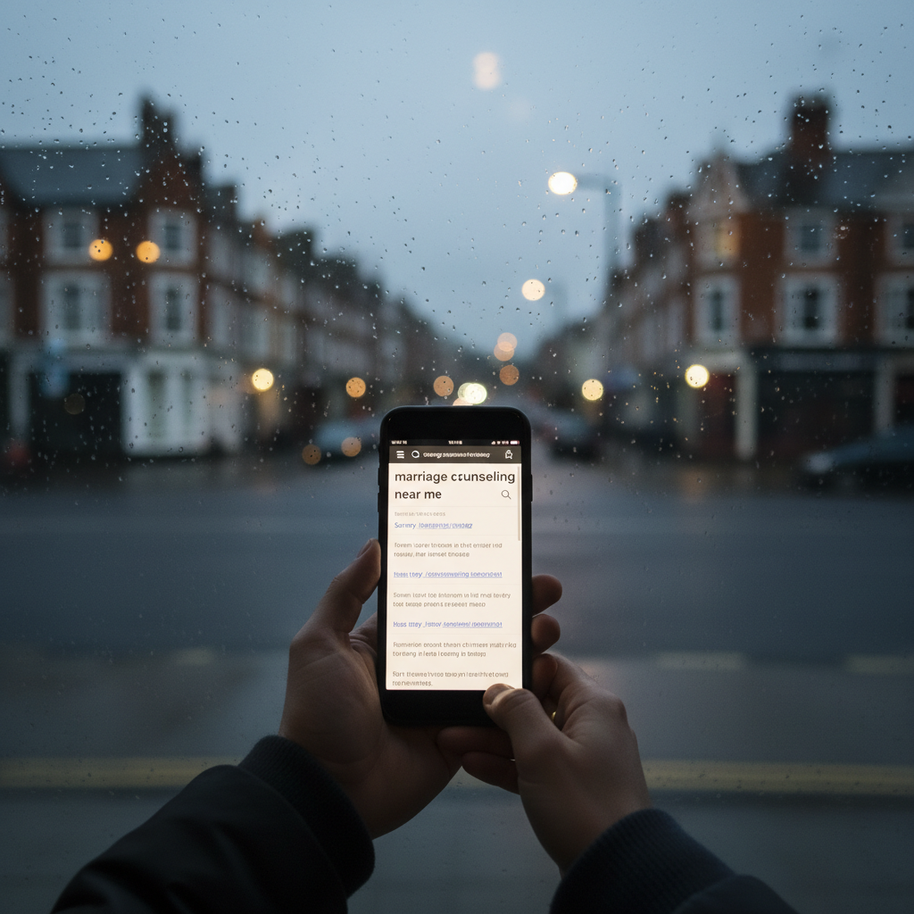 Hands holding a smartphone searching "marriage counseling near me" with a rainy window view.