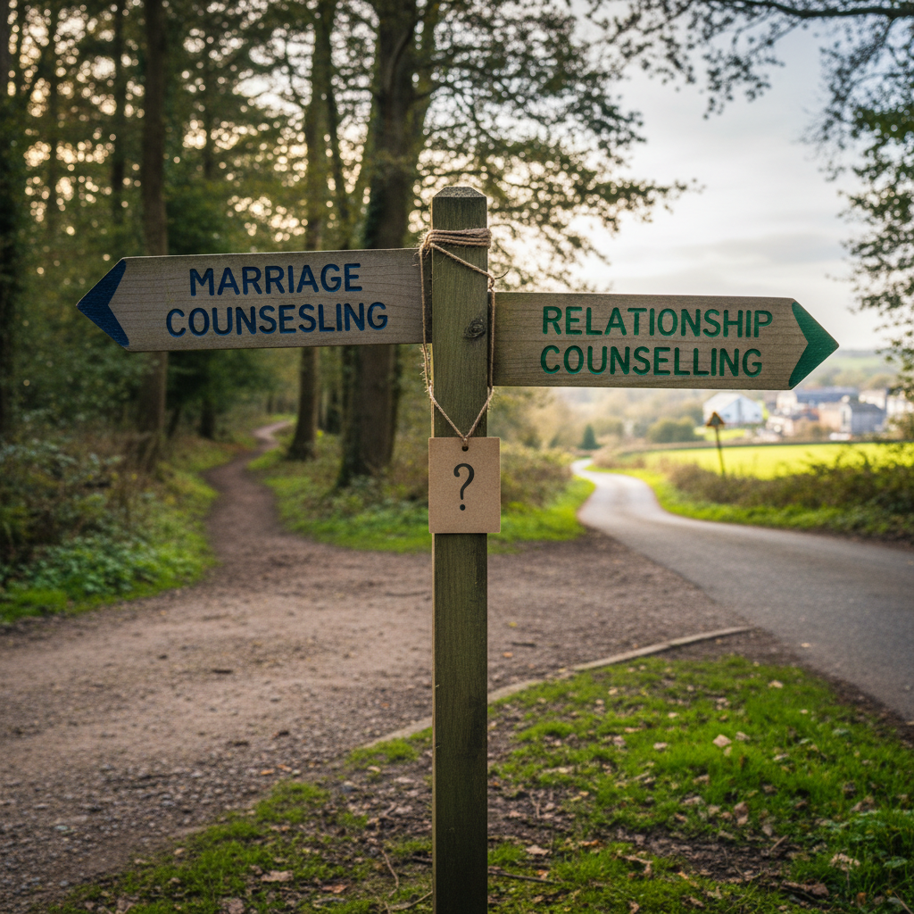 Wooden signpost with arrows for "Marriage Counselling" and "Relationship Counselling" at a crossroads.
