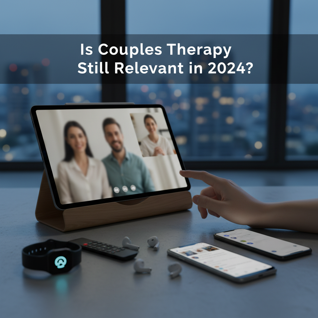Hand touches tablet during video call with a couple and therapist, amidst tech gadgets.