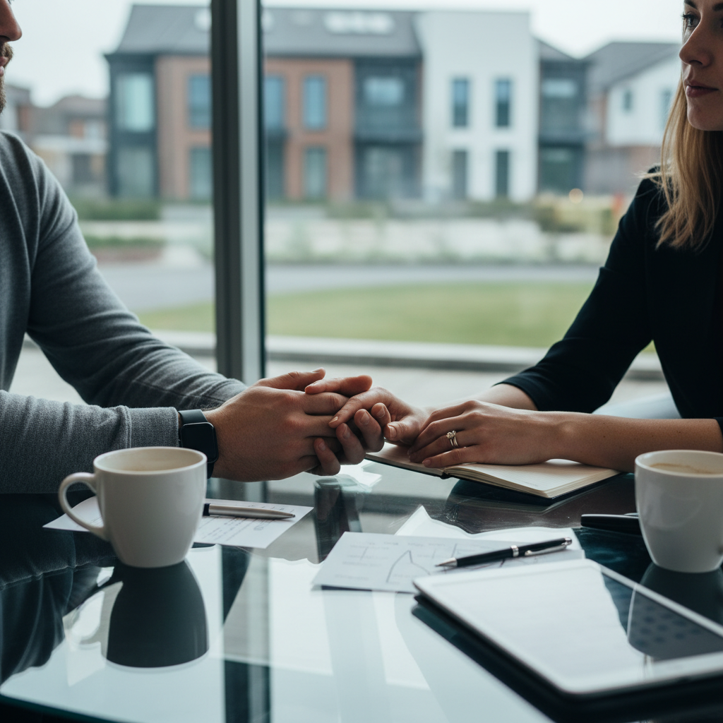 Couple holding hands across a glass table with cups, papers, and tablet.