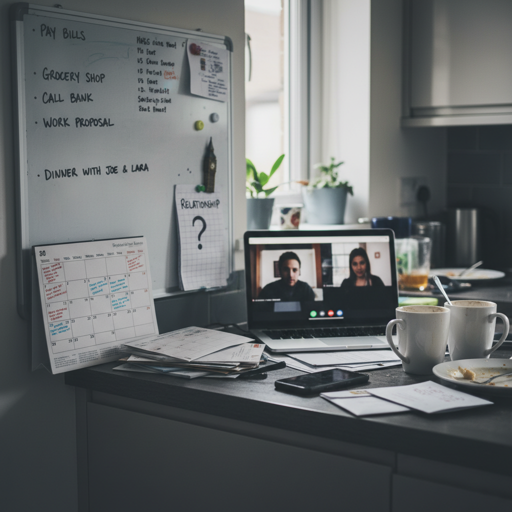 Busy kitchen counter with laptop video call, calendar, whiteboard to-do list, and dirty mugs.