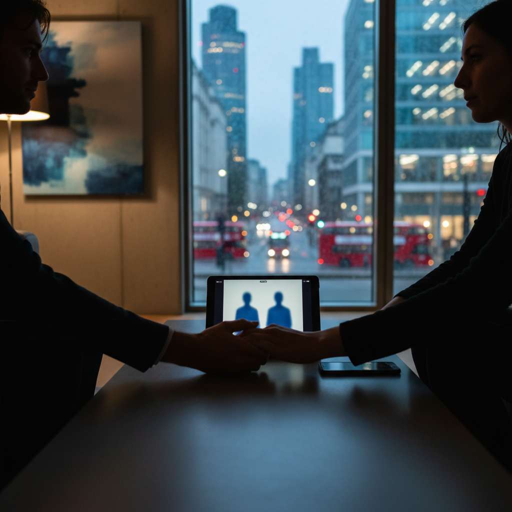 Couple holding hands over a tablet with figures, overlooking a city street with red buses.