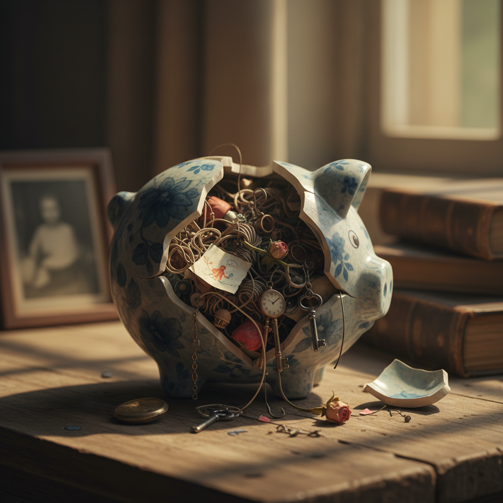 A broken blue and white floral piggy bank filled with miscellaneous objects on a wooden table.