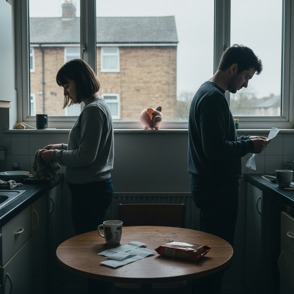 A couple in a dim kitchen stand apart looking at a broken piggy bank.