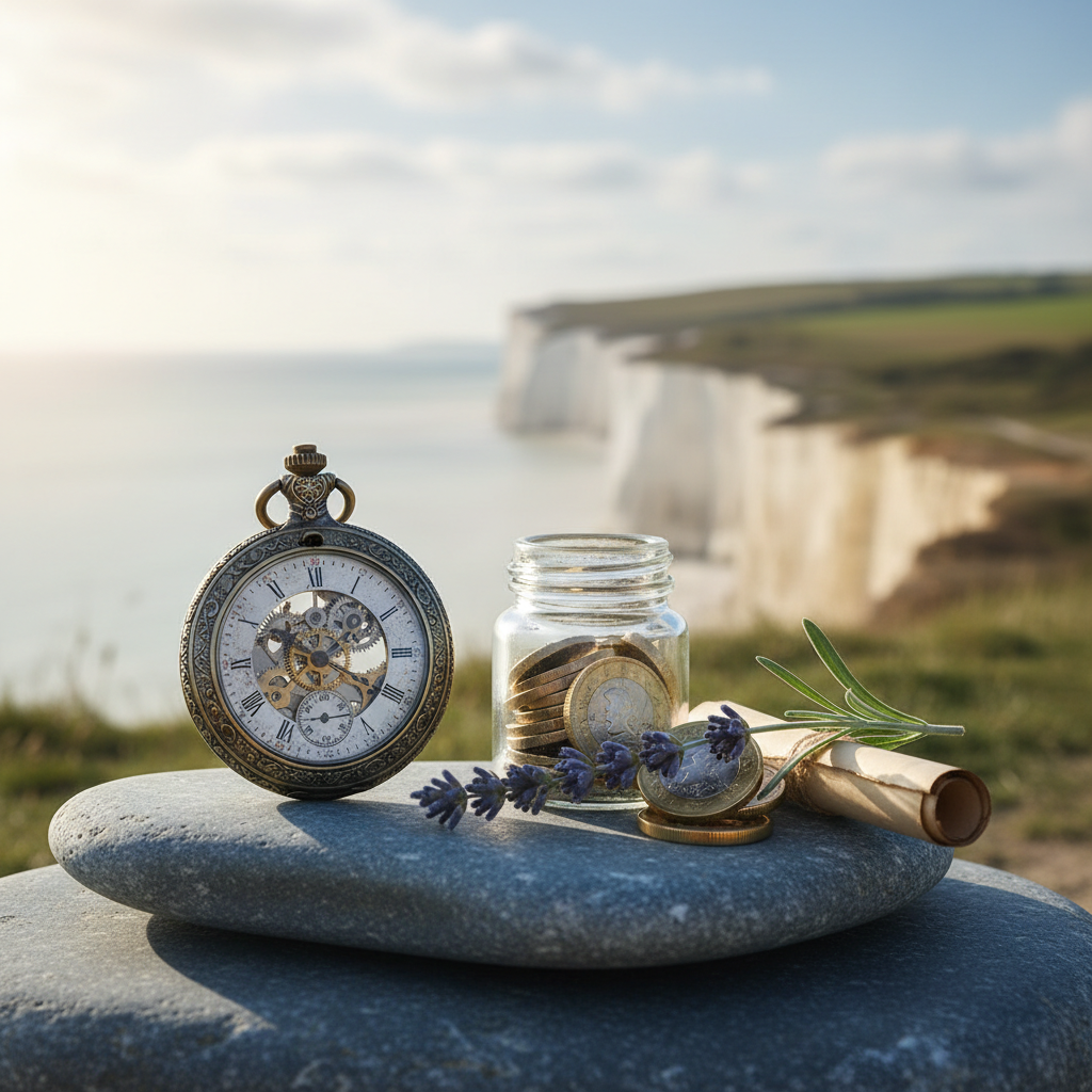 Pocket watch and money jar with lavender sprigs on rocks overlooking cliffs.