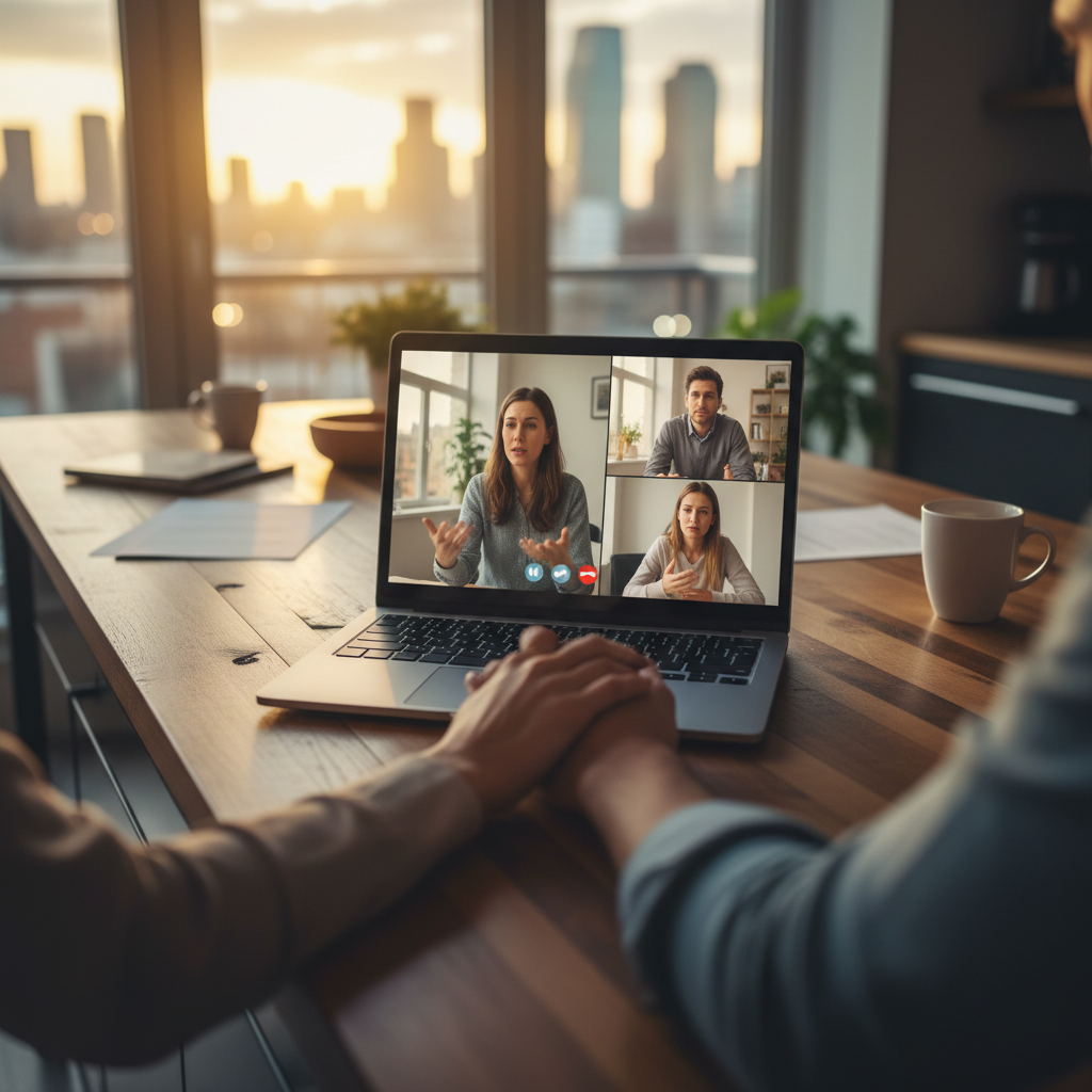 Hands resting on a laptop during a video call with four participants.
