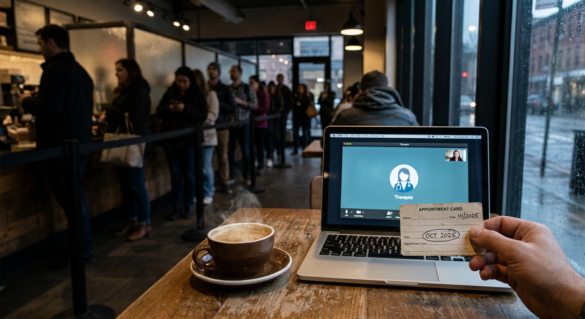 Hand holding an appointment card beside a laptop displaying an online therapy video call.