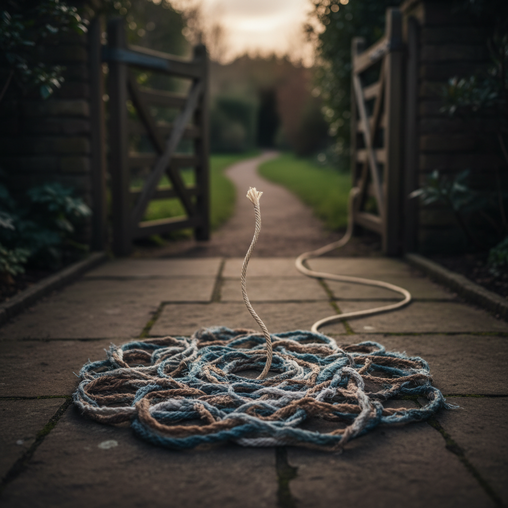 A frayed rope stands upright in a coil on a paved path leading to an open gate.