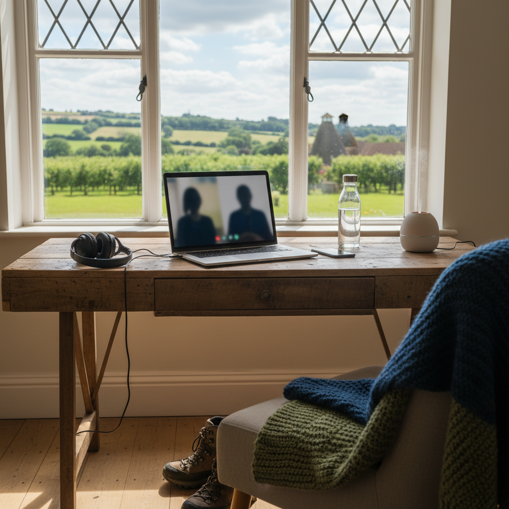 Laptop on rustic desk with video call, countryside view, headphones, diffuser.