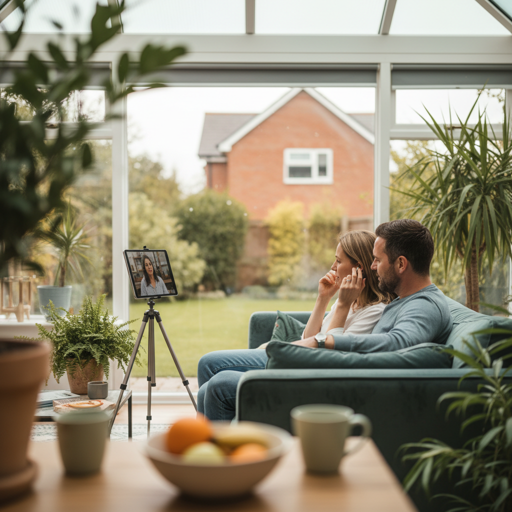 Couple on sofa watching video call on tablet in conservatory, garden visible outside.