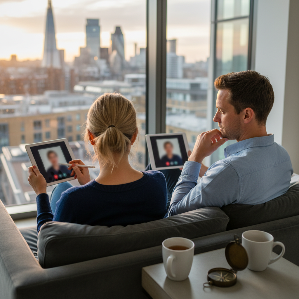 Couple video calling on tablets from sofa, overlooking London city skyline at sunset.