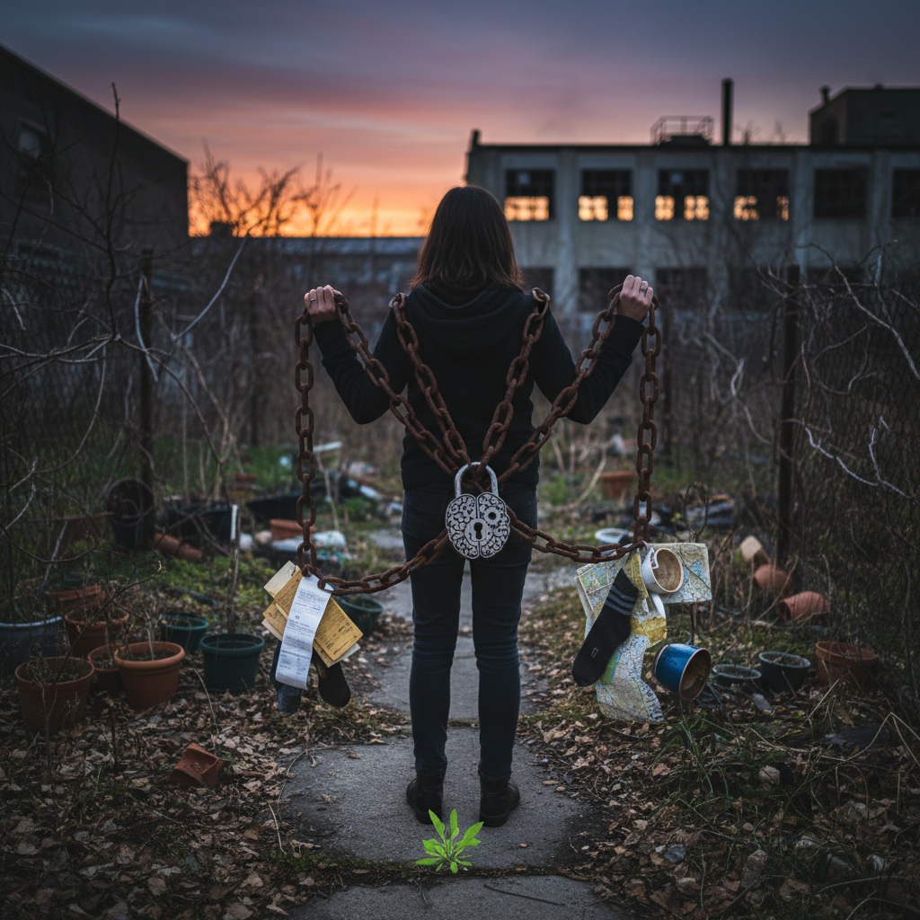Person shackled by heavy chains and padlock, burdens hanging, facing sunset over derelict buildings.