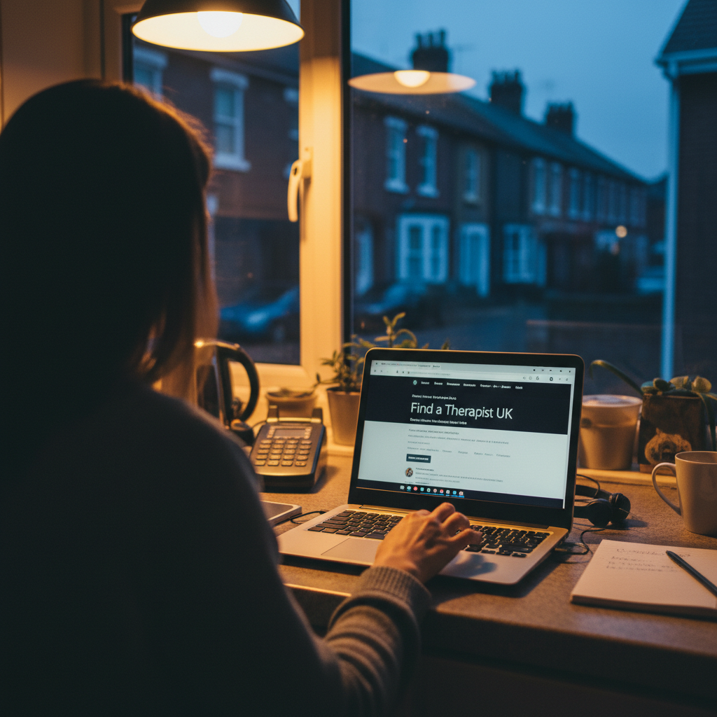 Person typing on a laptop, searching "Find a Therapist UK", with a street visible outside.