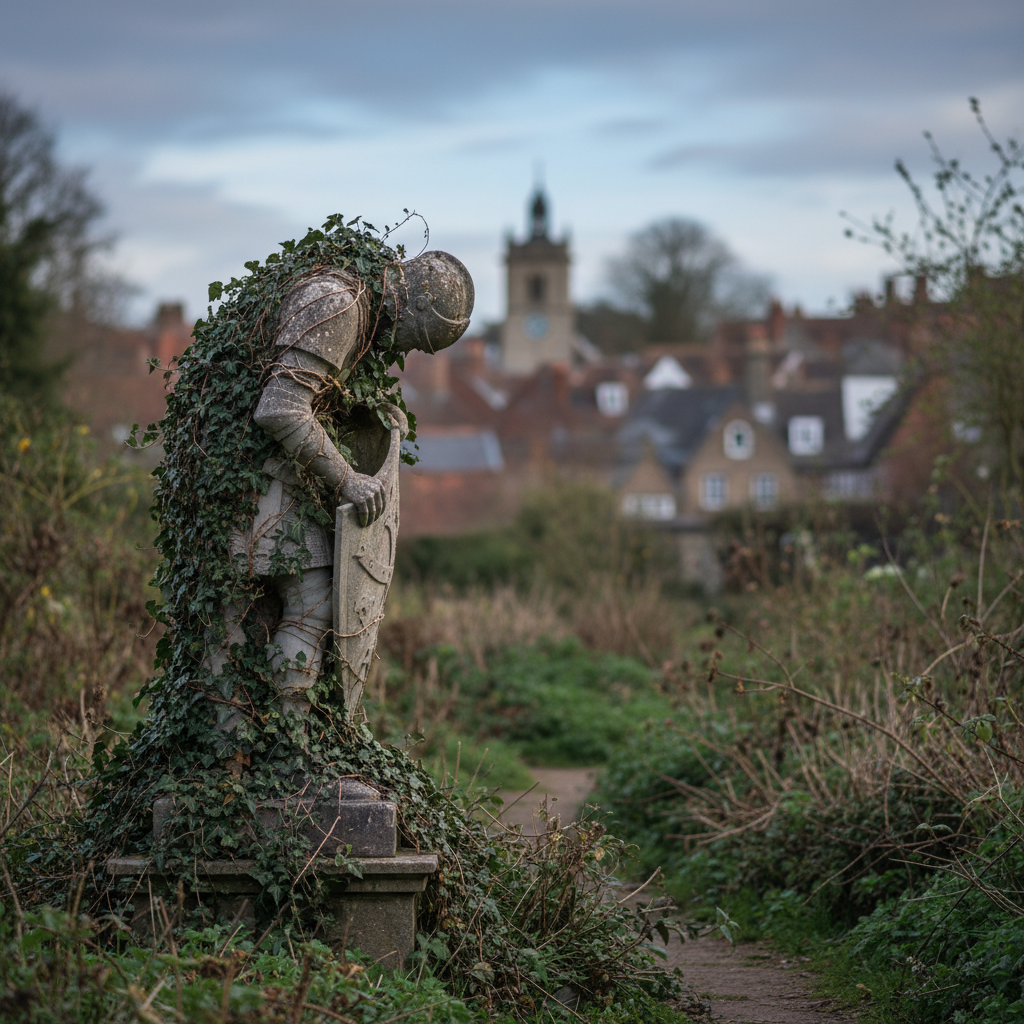 Ivy-covered stone knight statue overlooking a village with a church tower on a cloudy day.