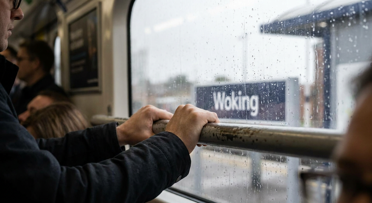 Passenger holding a train handrail looking at Woking station sign through a rainy window.