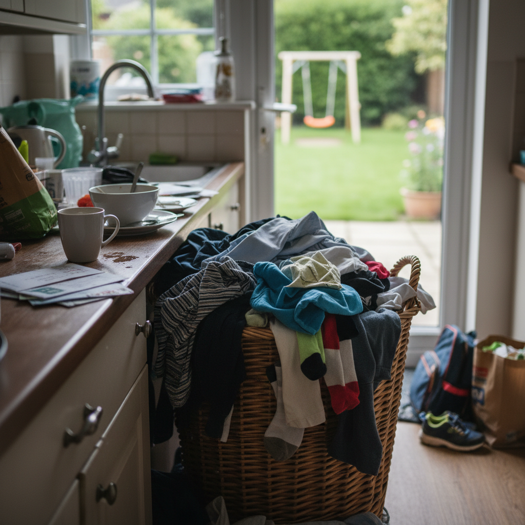 A messy kitchen counter and full laundry basket with a garden visible outside.