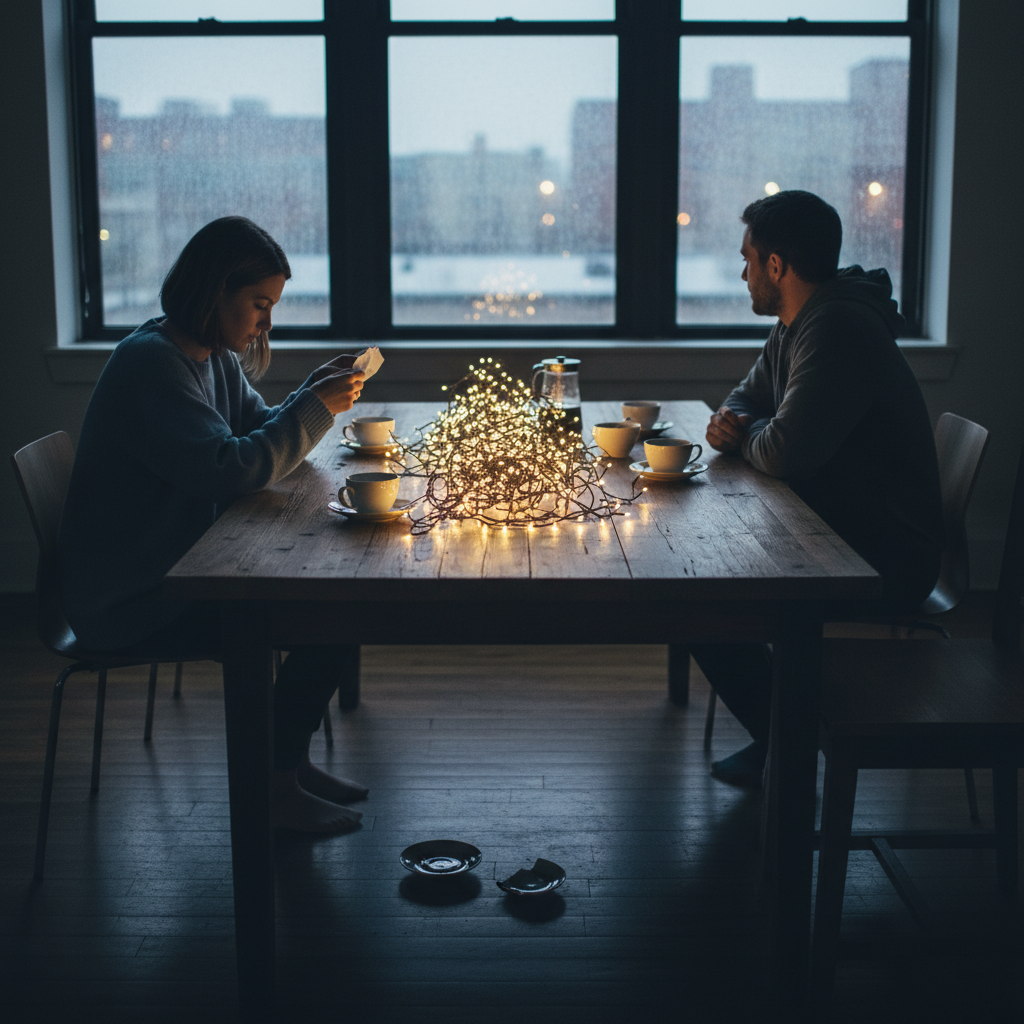 Man and woman seated at a table with tangled fairy lights, cups, and broken pottery.