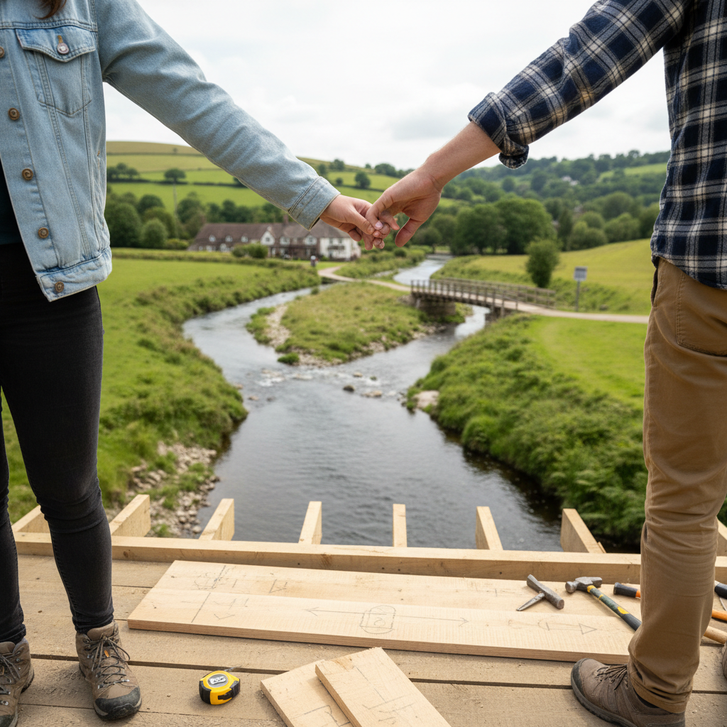 Couple holding hands on a wooden platform under construction, overlooking a winding river valley.