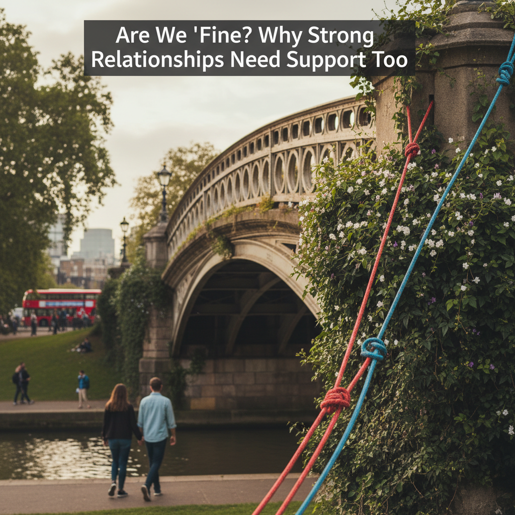 A couple walks along a river with a stone bridge and colourful ropes on a post.