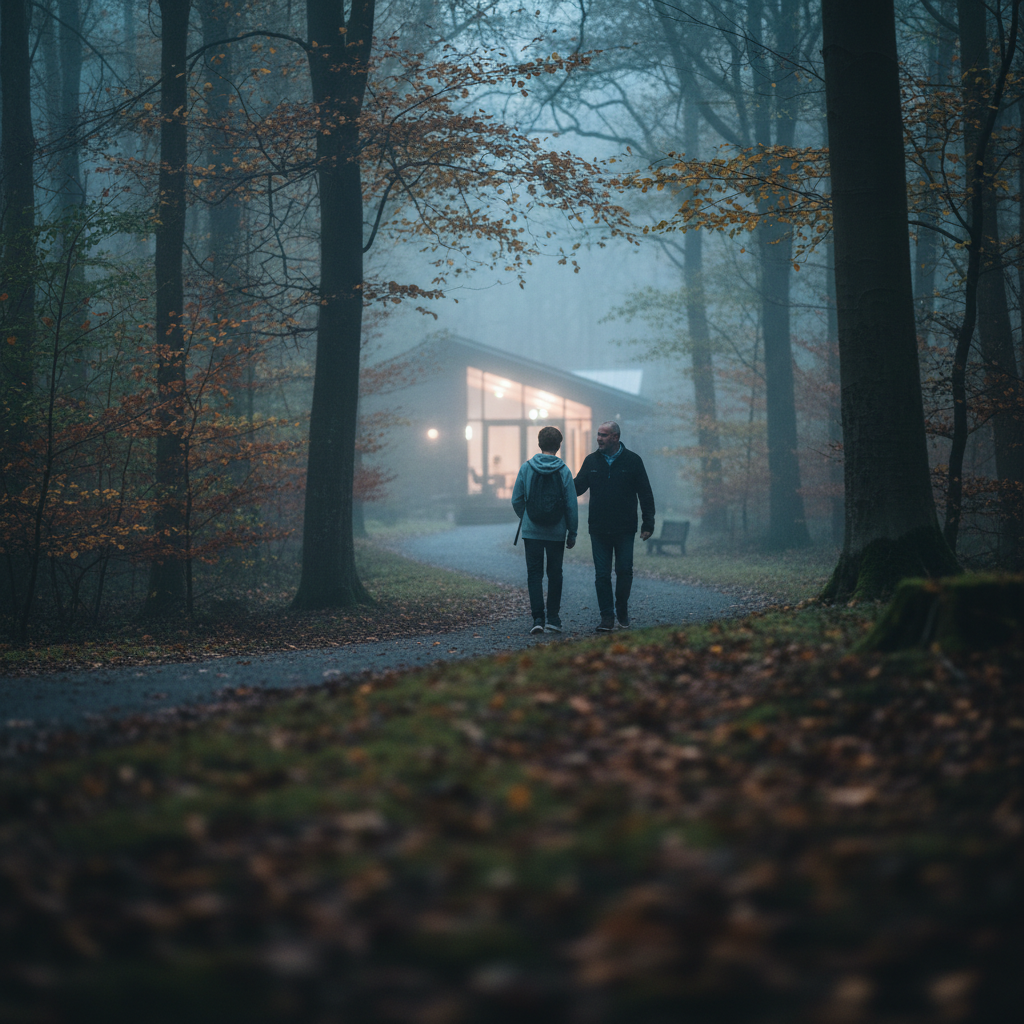 Two people walk a misty autumn forest path towards a modern, illuminated building.