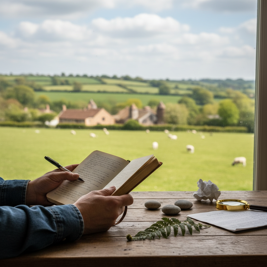 Hands writing in a notebook on a rustic desk overlooking a peaceful green countryside.