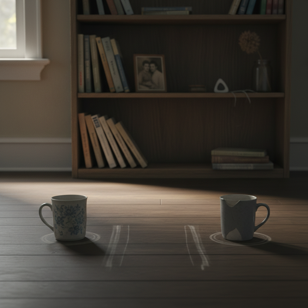 Two mugs on a wooden floor with a bookshelf and sunlight in the background.