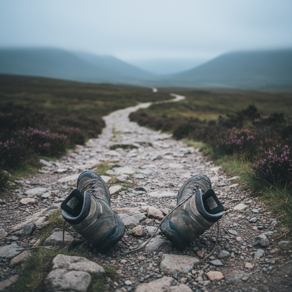 Pair of muddy hiking boots resting on a winding rocky path through heather hills.