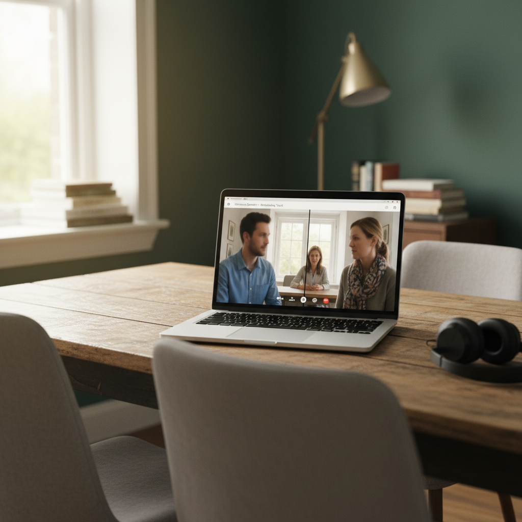 Laptop displaying a video conference with three people on a wooden desk.