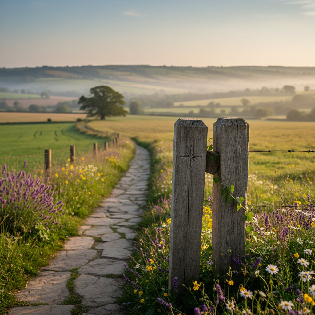 Stone path winding through a sunlit field of wildflowers with a wooden post and distant hills.