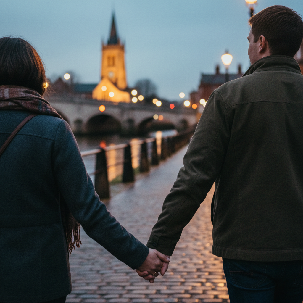 Couple holding hands, walking on a cobbled riverside path at dusk with illuminated bridge.